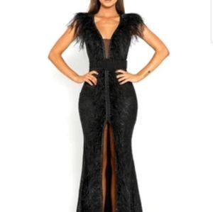 Black portia and scarlet feather gown